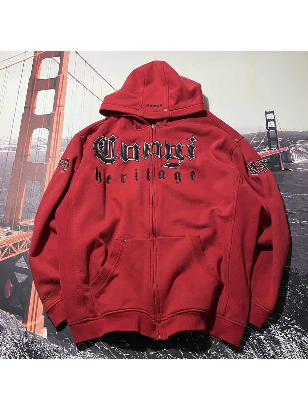 Rare Y2K Coogi Heritage Red Full Zip Up Hoodie Men’s 3XL Thick Heavy Embroiderd